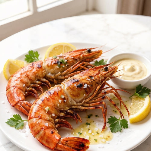 Grilled black tiger prawns plated with lemon and dipping sauce