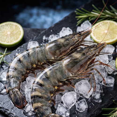 Raw black tiger prawns on crushed ice with lime and rosemary