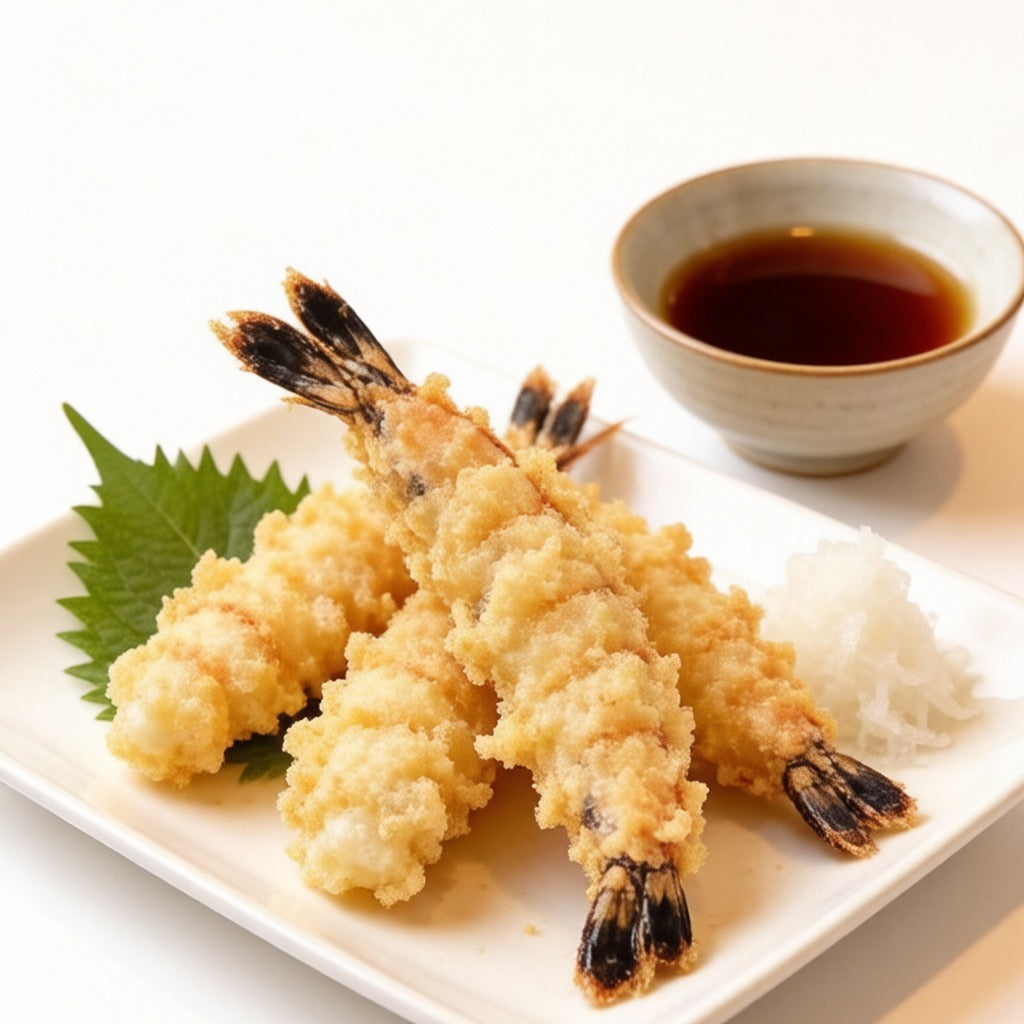 Tempura-battered black tiger prawns with dipping sauce