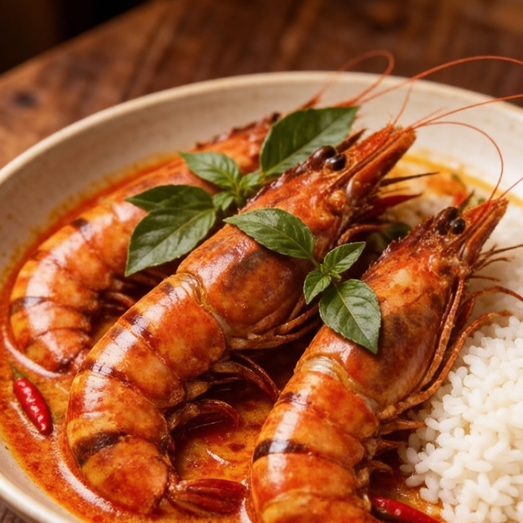 Black tiger prawns in Thai red curry with basil and rice