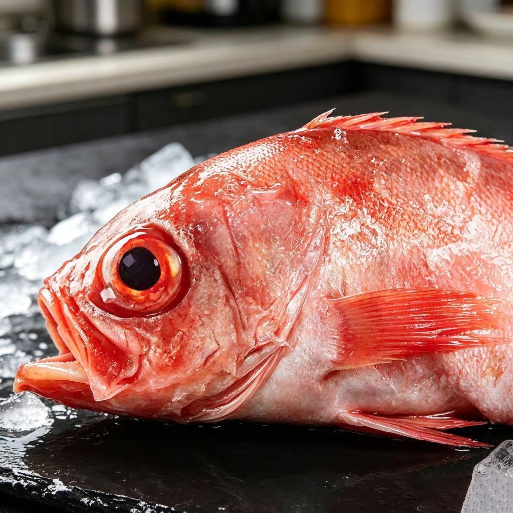 Whole red rockfish with vivid red skin resting on crushed ice