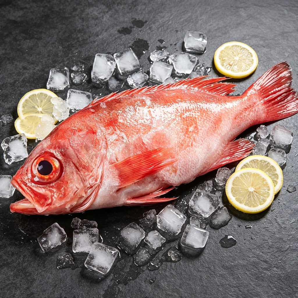 Whole red rockfish on slate with ice and lemon slices