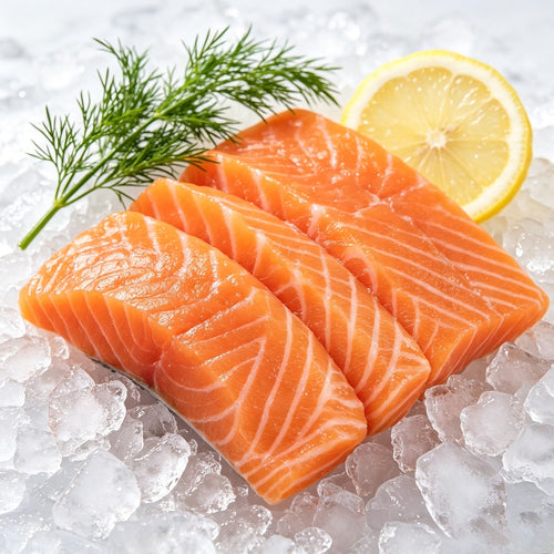 Slices of raw salmon fillet on crushed ice with lemon and dill