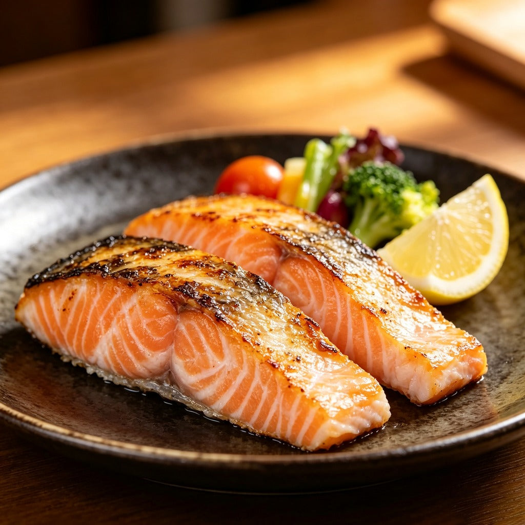 Pan-seared salmon fillets plated with vegetables and lemon