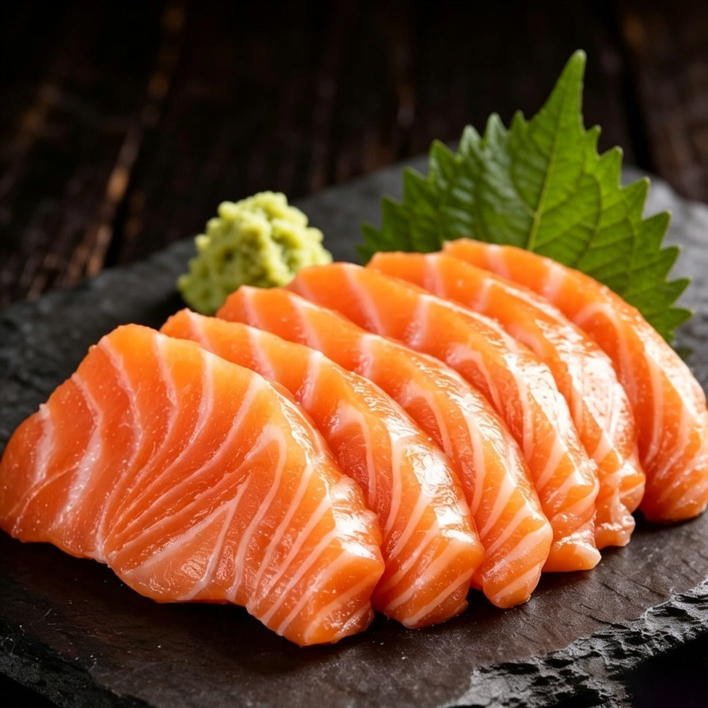 Sliced salmon portions on a slate board with wasabi