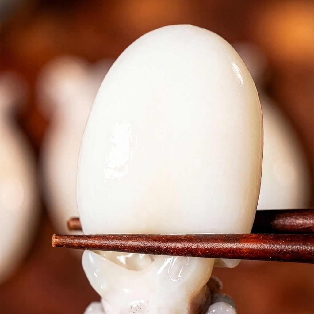 Close-up of a single cleaned baby cuttlefish held in chopsticks