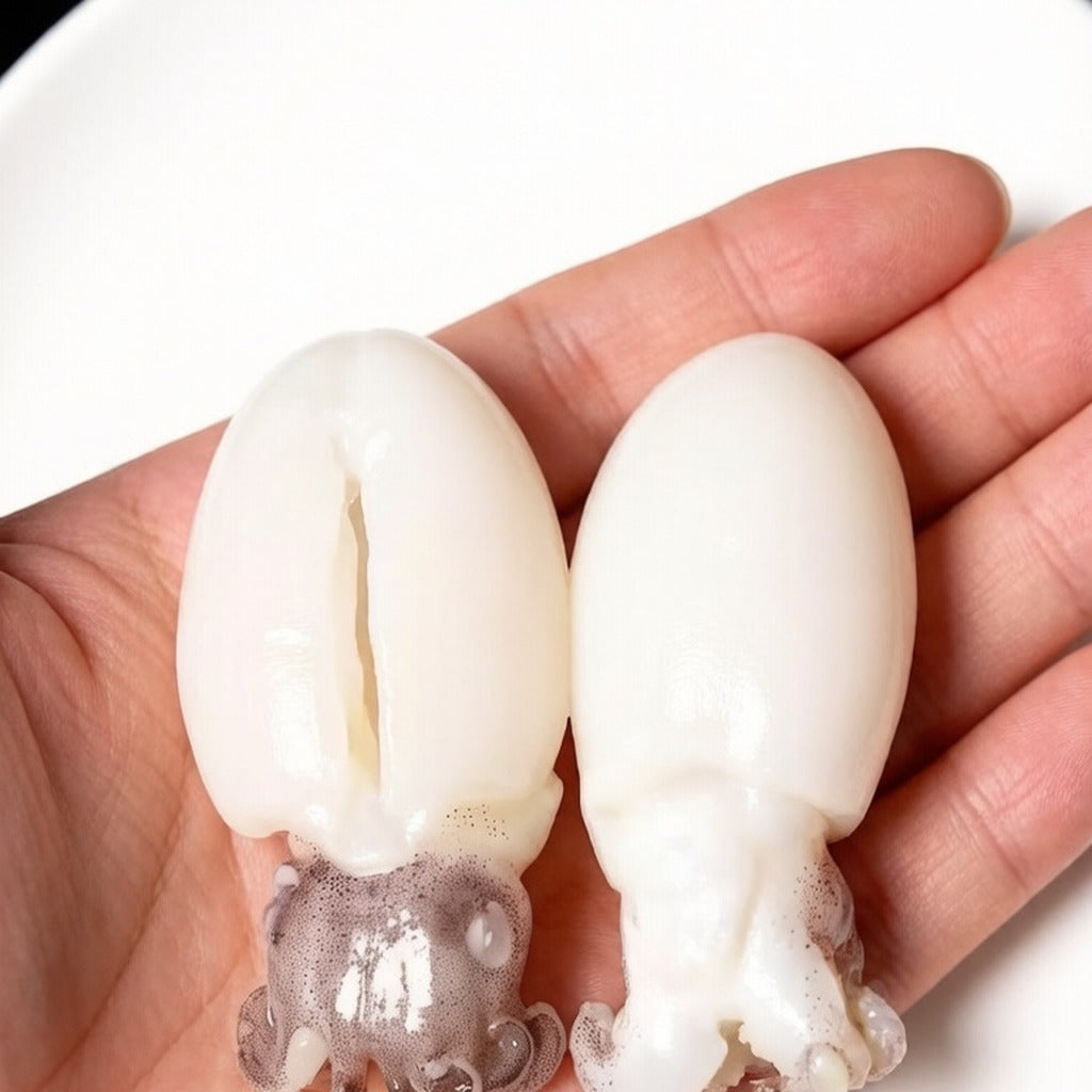 Two cleaned baby cuttlefish held in one hand