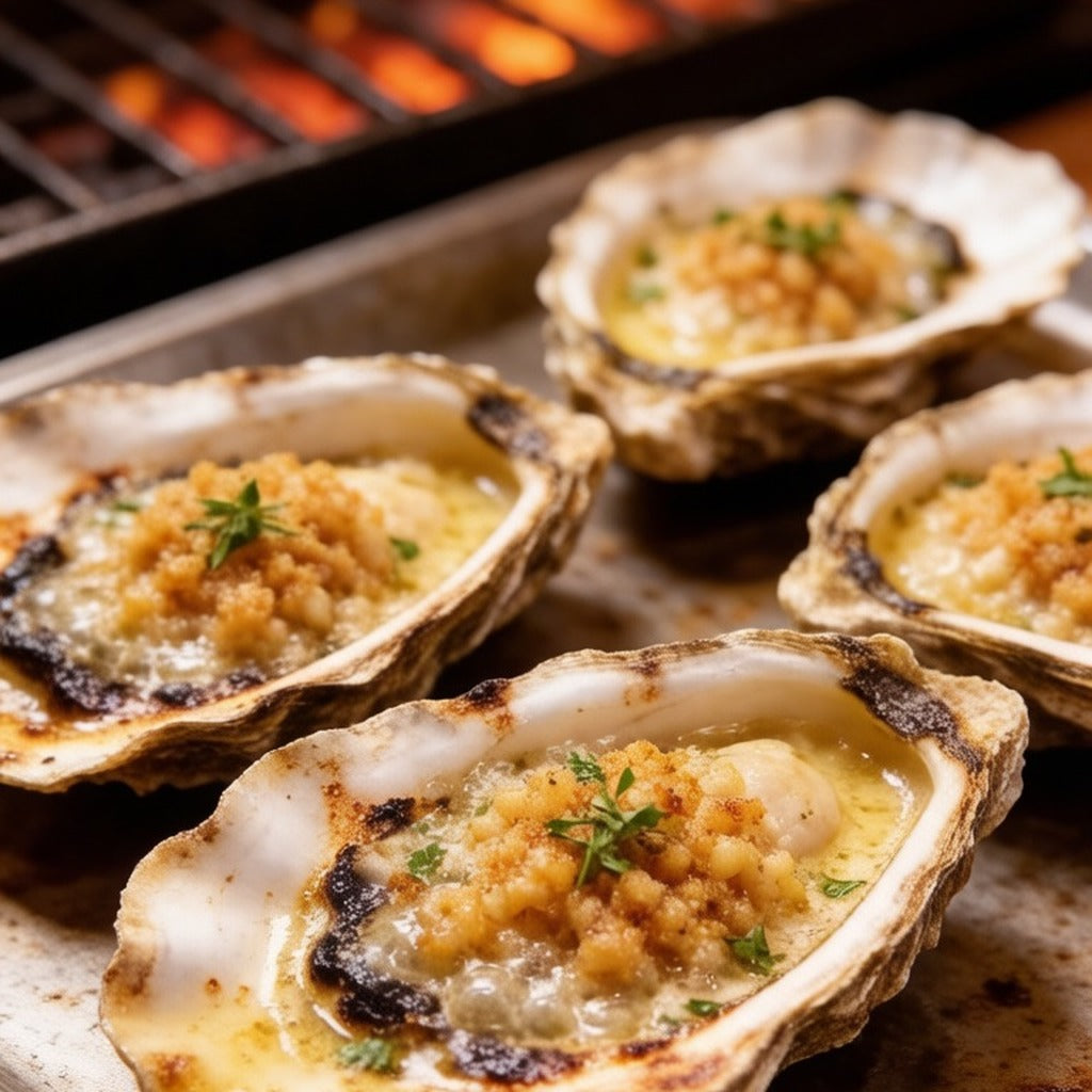 Garlic butter grilled oysters in the half shell