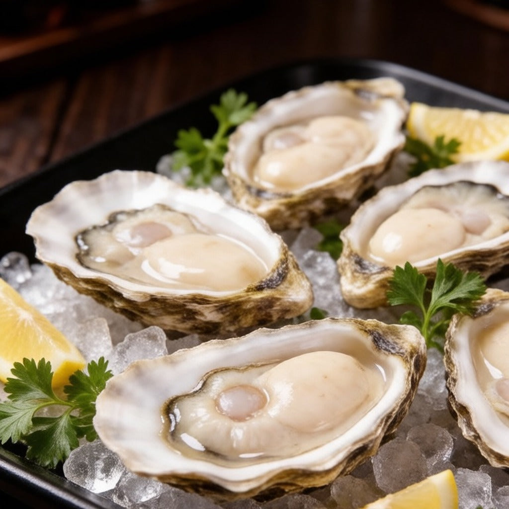 Freshly shucked oysters on crushed ice with lemon and parsley