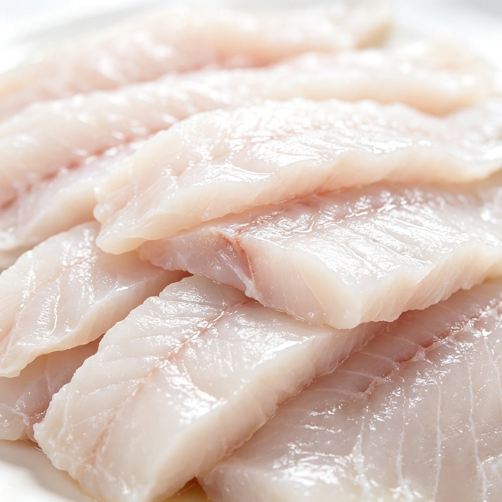 Fresh sea bass fillets arranged on a tray